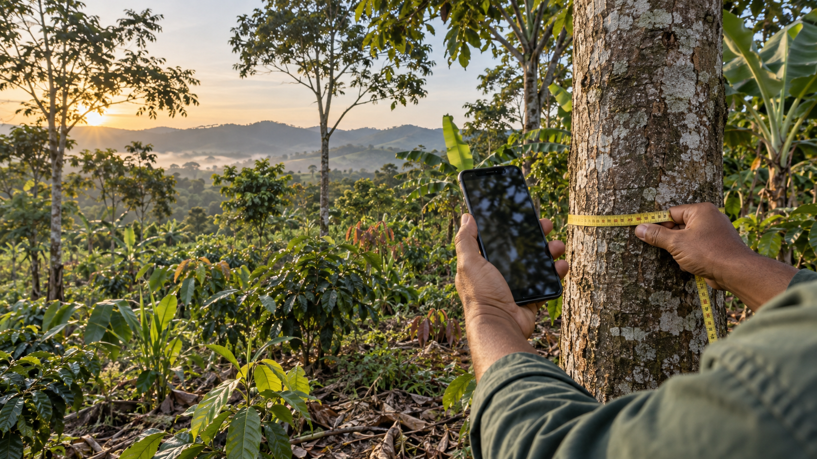 Editorial illustration of a person using a smartphone and measuring tape to document a tree in an agroforestry landscape