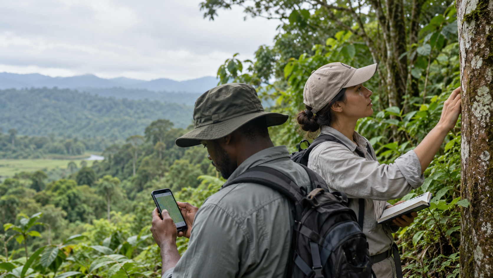Editorial illustration of a field worker using a phone to record environmental observations in a forest landscape