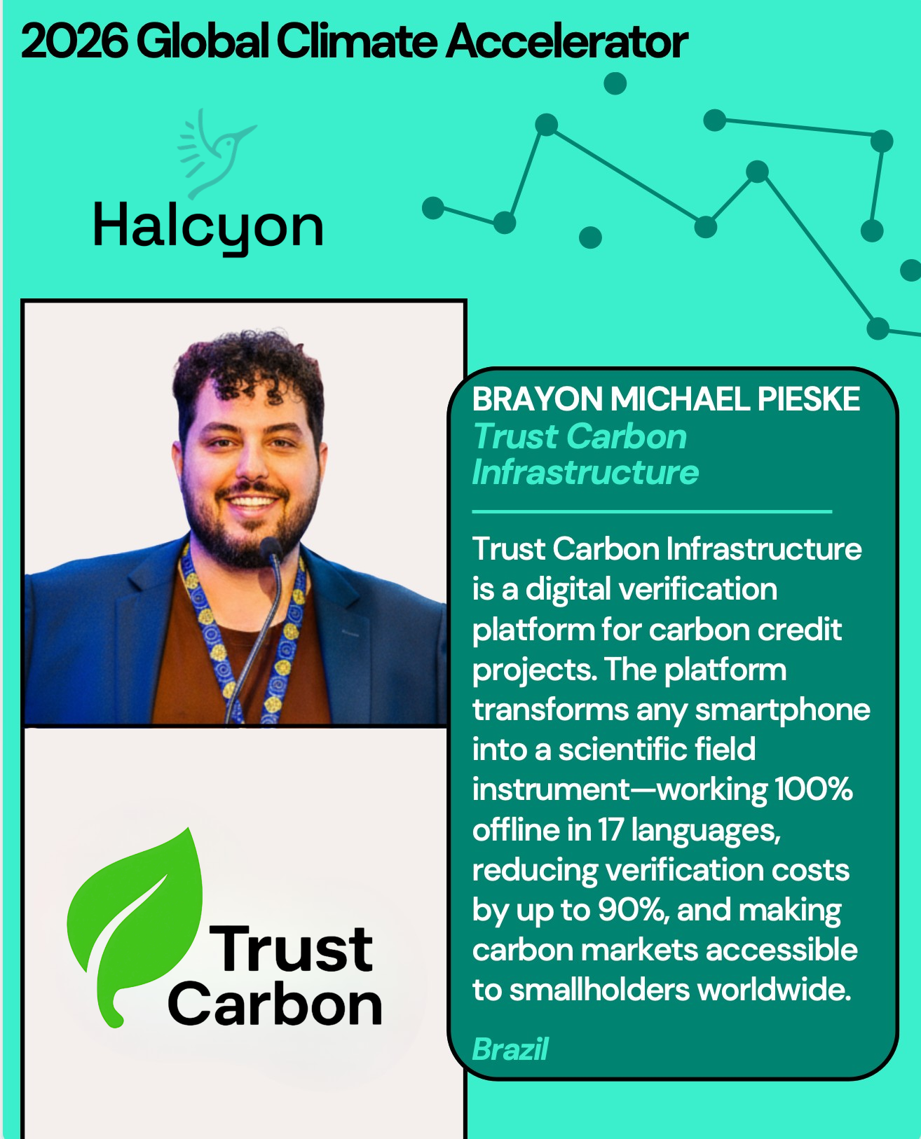 Halcyon Global Climate Fellowship 2026 acceptance credential received by Trust Carbon Infrastructure